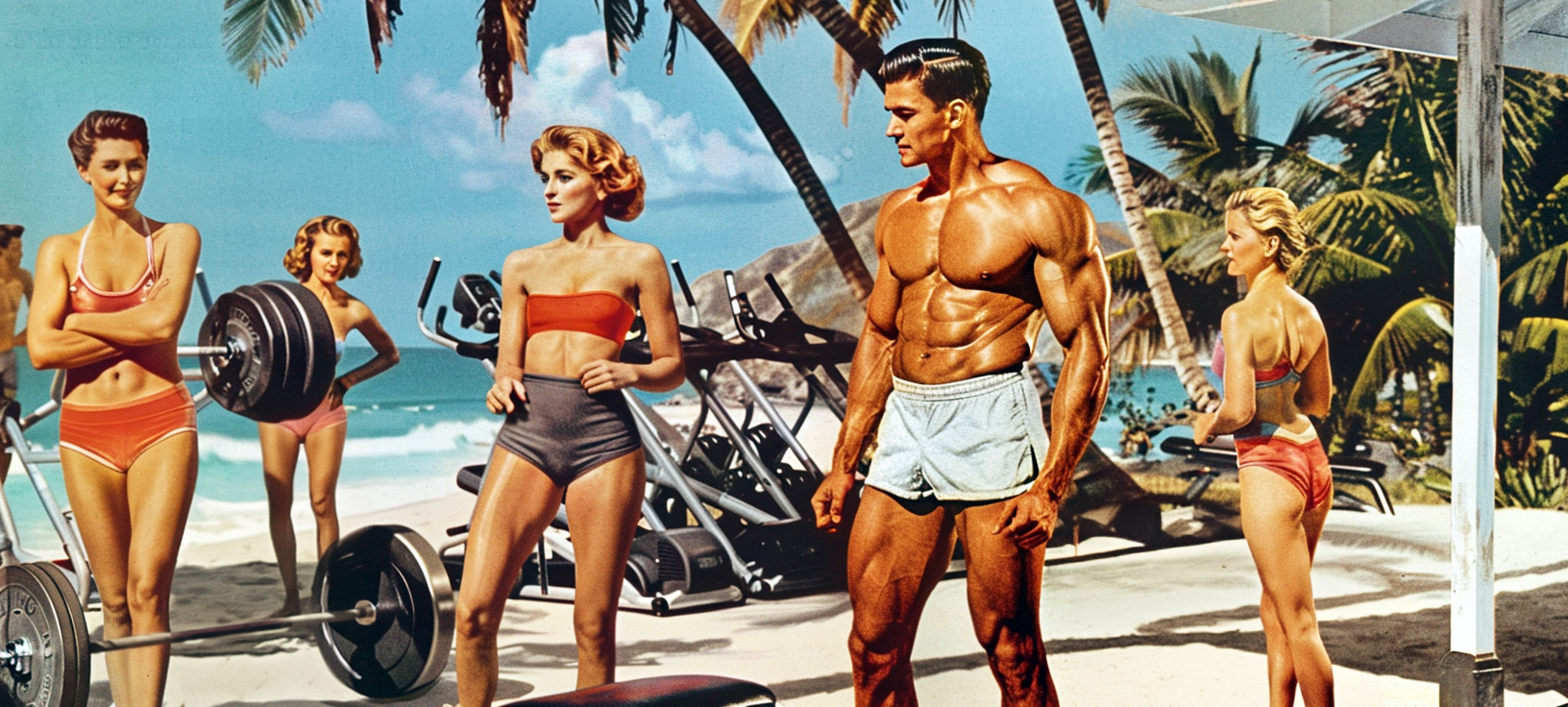 Men exercising on beach
