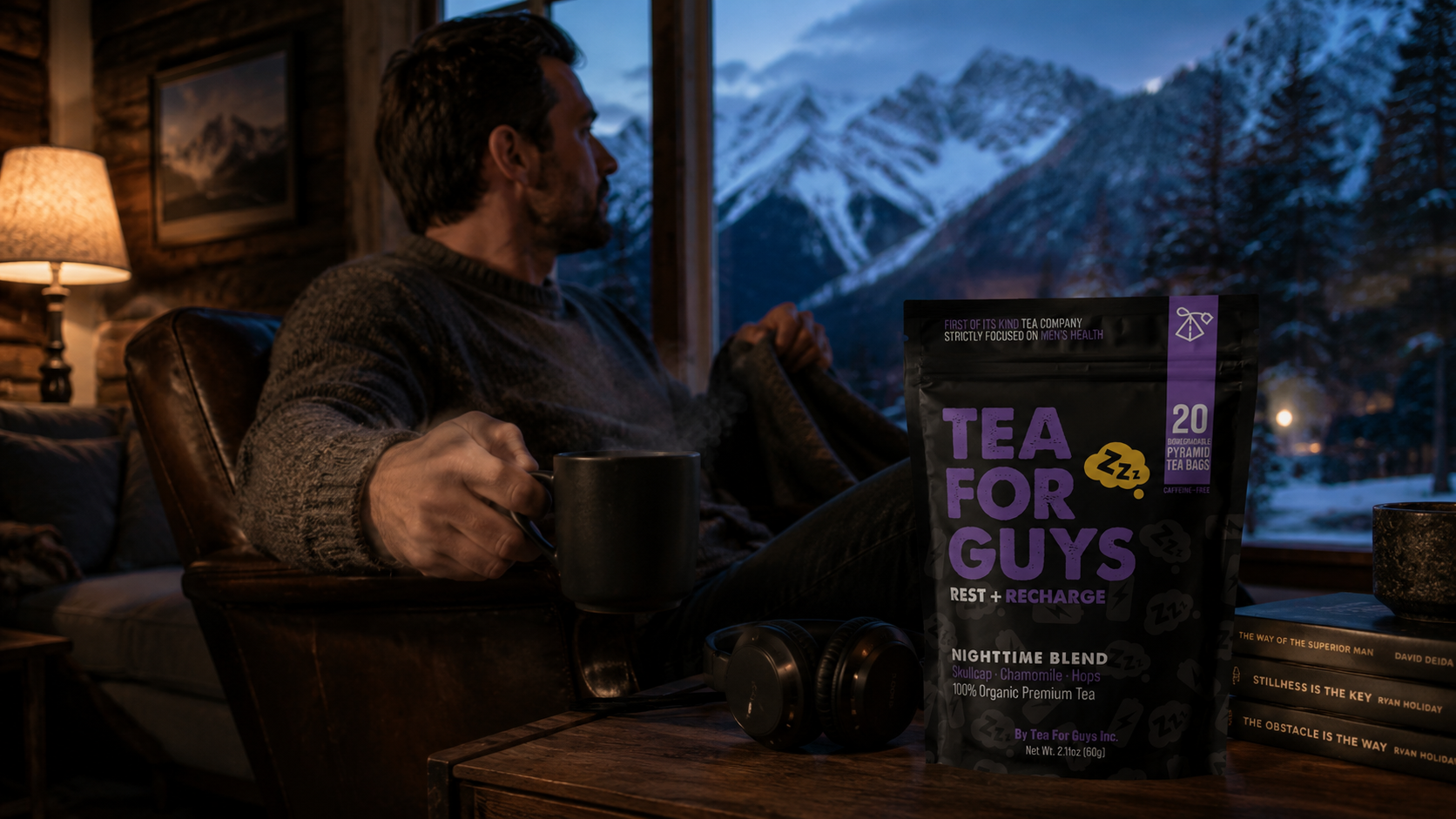 Cozy evening scene with TFG Nighttime Blend and chamomile — calming ritual
