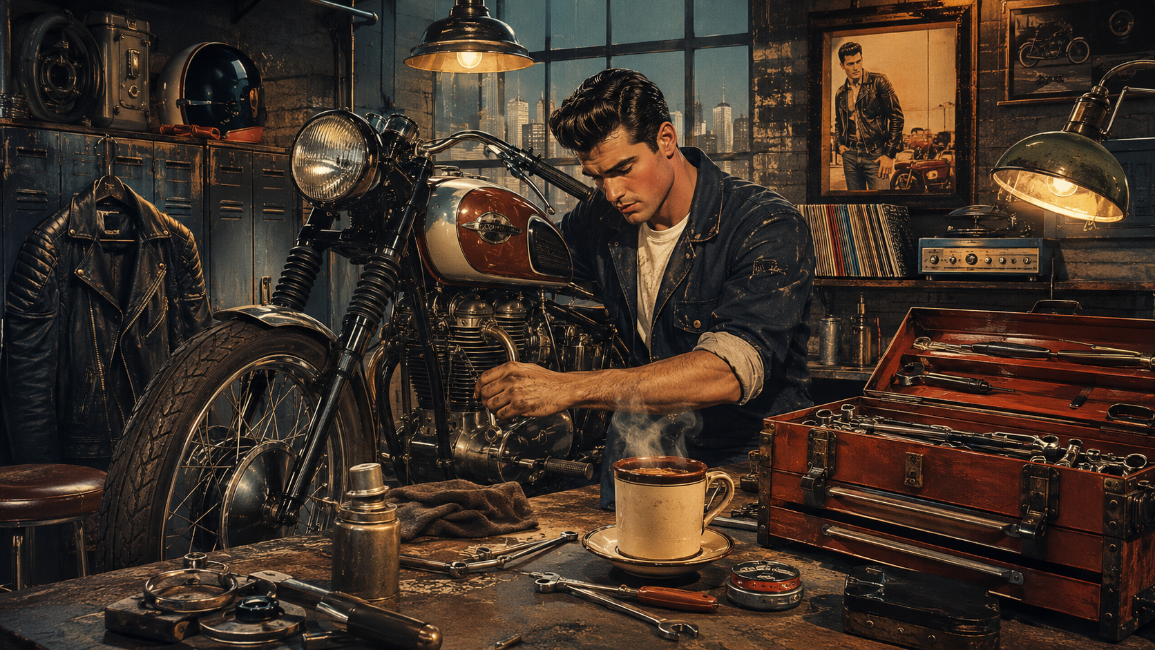 garage motorcycle workshop scene
