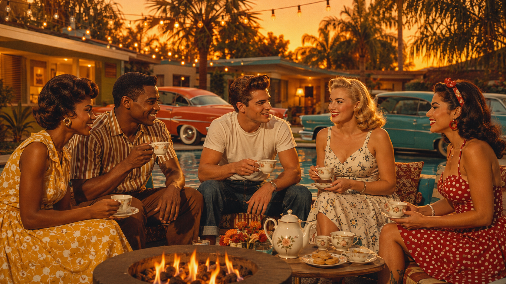 poolside evening gathering scene